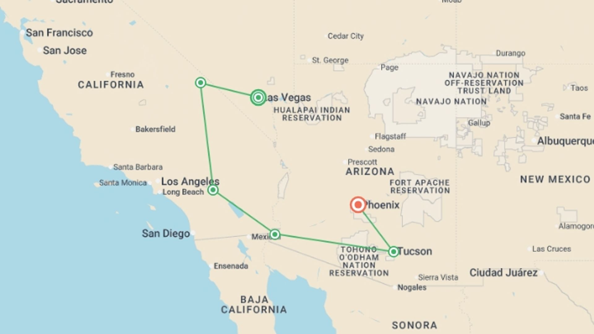 A map showing the tour itinerary for the trip: America's Great Desert National Parks, starting in Las Vegas, USA and ending in Phoenix, USA going through 0 other destinations.