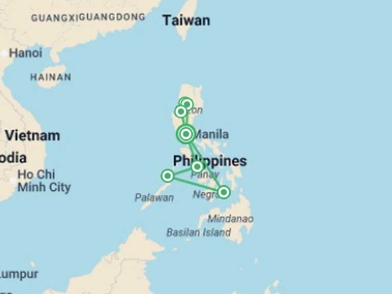 Map itinerary of Philippines Tour in February 2026 with 7 destination visits for the trip: Best of the Philippines - 14 days