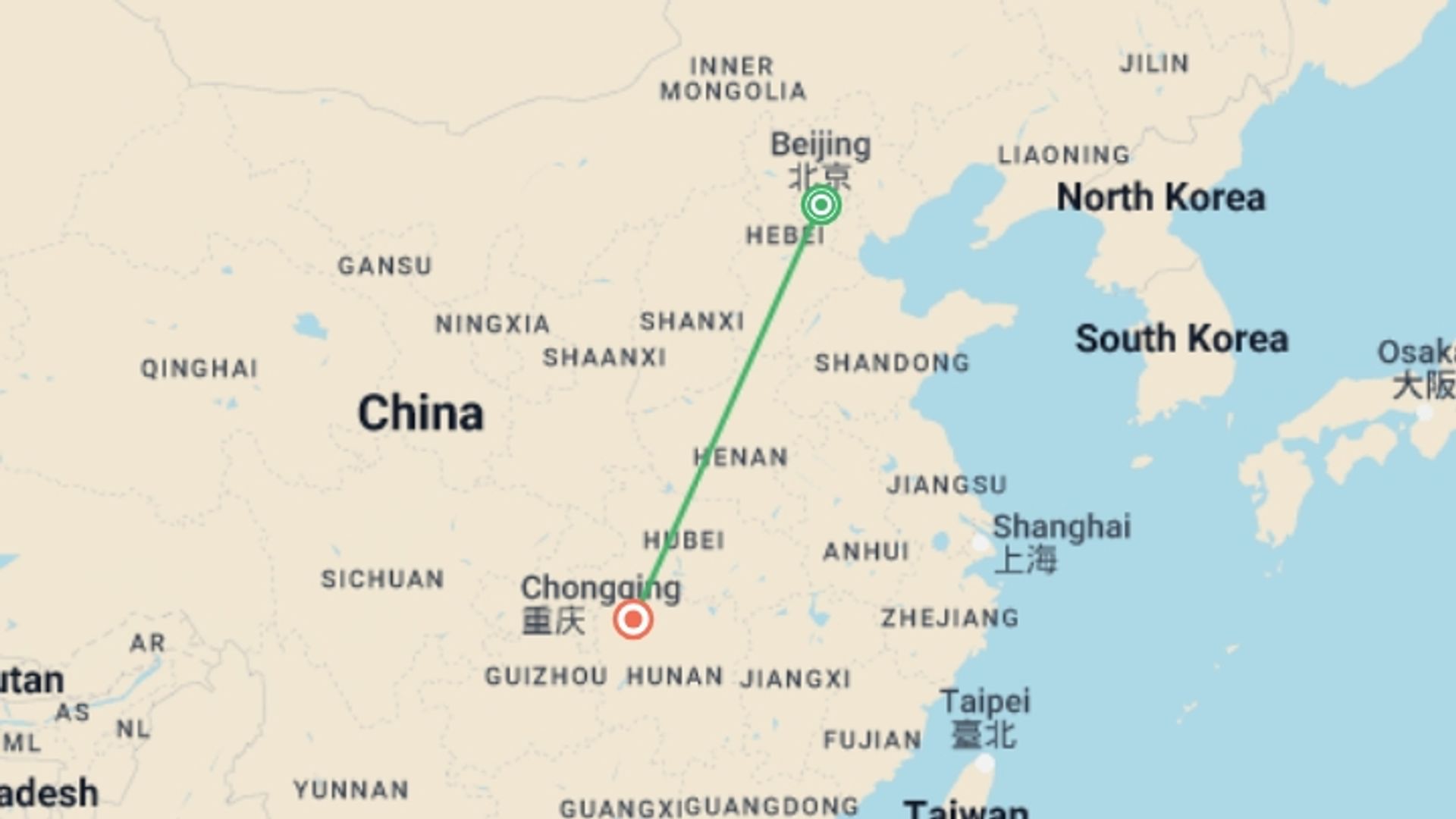 A map showing the tour itinerary for the trip: Seven-Day Private Tour to Beijing and Zhangjiajie, starting in Beijing, China and ending in Zhangjiajie, China going through 0 other destinations.