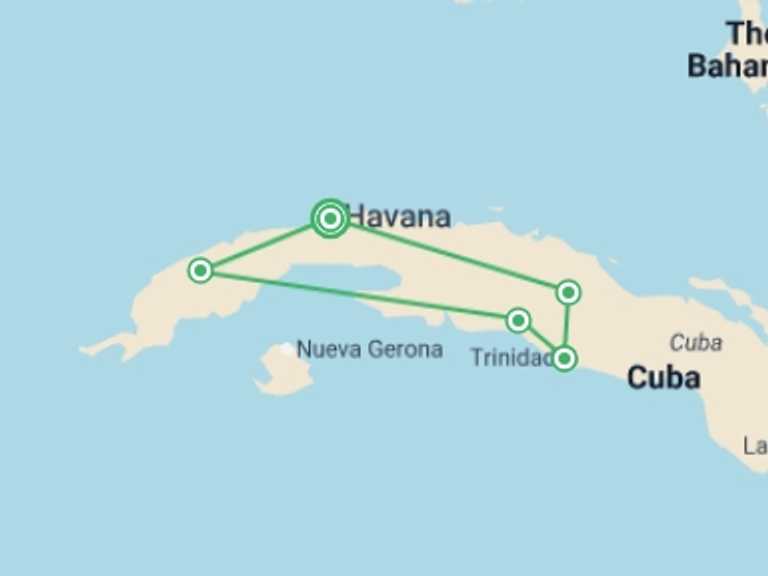 Map of a Local culture Tour with 5 destination visits for the trip: Highlights of Cuba