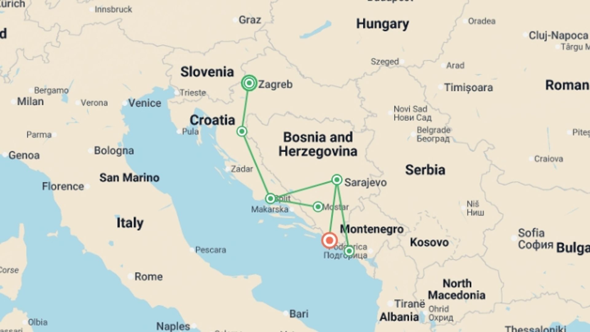 A map showing the tour itinerary for the trip: Balkan Delight, starting in Zagreb, Croatia and ending in Dubrovnik, Croatia going through 3 other destinations.