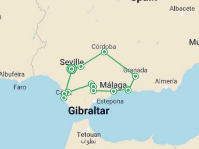 Map of Malaga Explorer Tour with 5 destination visits for the trip: Discovering the Soul of Andalusia