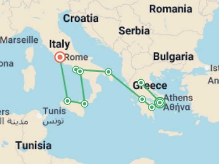 Map of 15-Day Europe Tour with 10 destination visits for the trip: Complete Greece To Sicily End Rome
