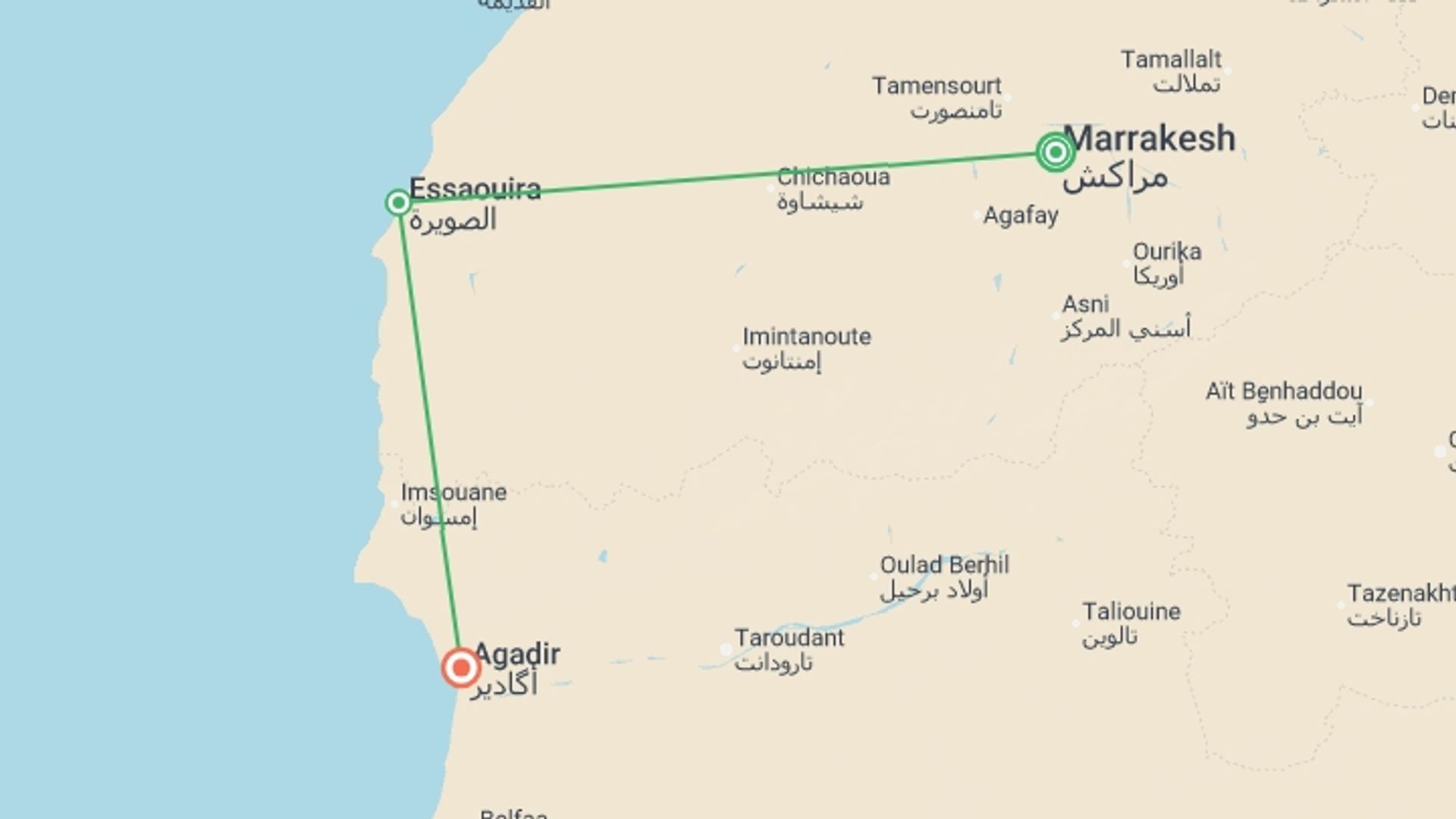 A map showing the tour itinerary for the trip: Marrakesh, Essaouira & Agadir, Private Tour, starting in Marrakech, Morocco and ending in Agadir, Morocco going through 1 other destinations.