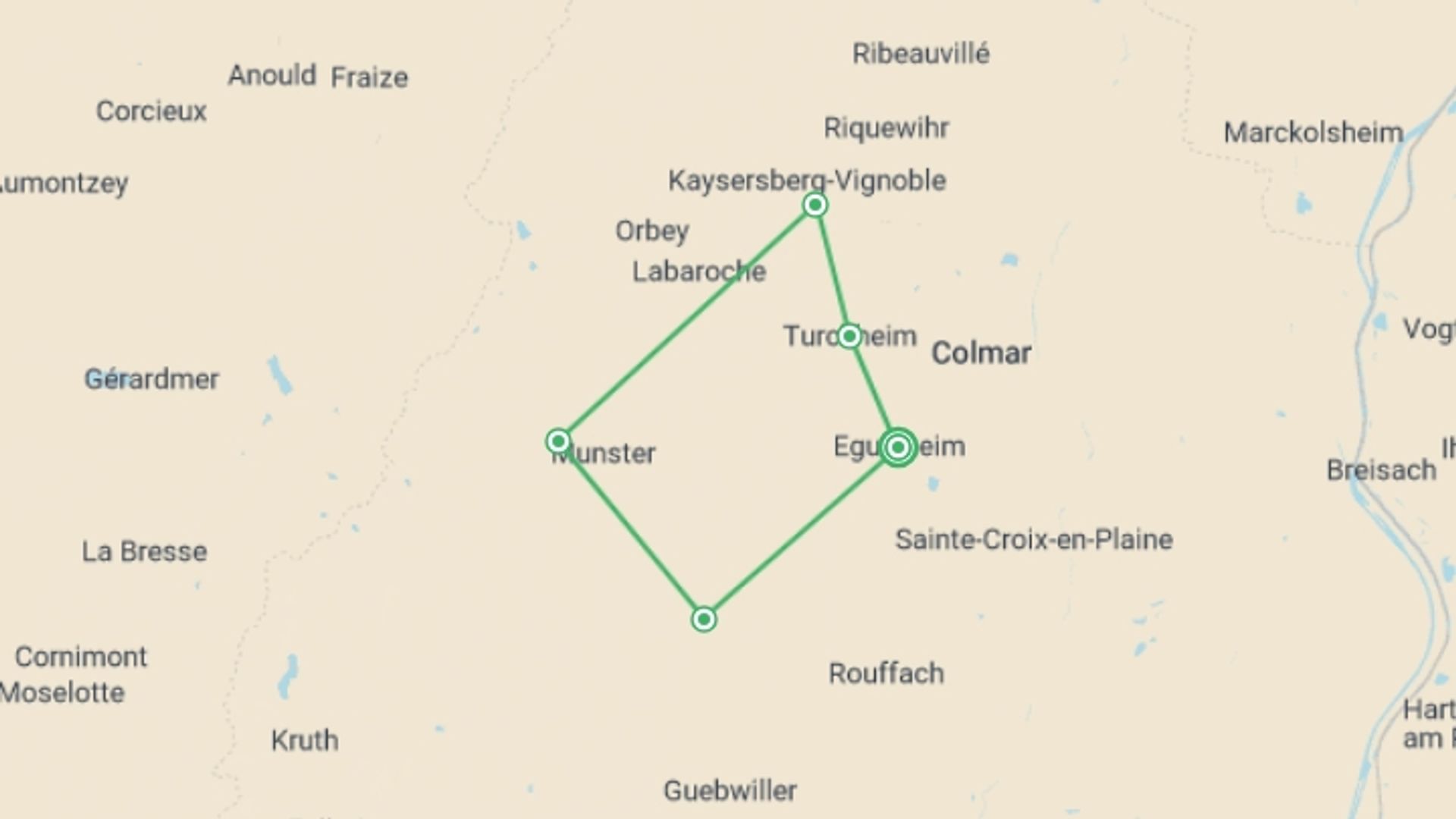 A map showing the tour itinerary for the trip: Alsace Mountains & Vineyards Walk, starting in Alsace & Lorraine, France and ending in Eguisheim, France going through 4 other destinations.
