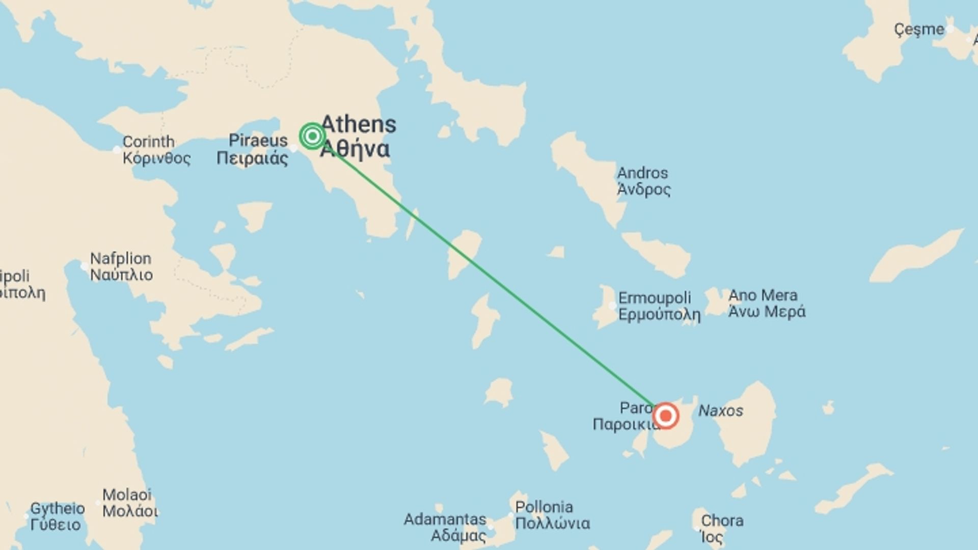A map showing the tour itinerary for the trip: Athens & Paros - 5 days, starting in Athens, Greece and ending in Paros, Greece going through 0 other destinations.