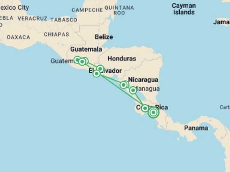 Map of Guatemala Tour with 11 destination visits for the trip: Central American Highlights