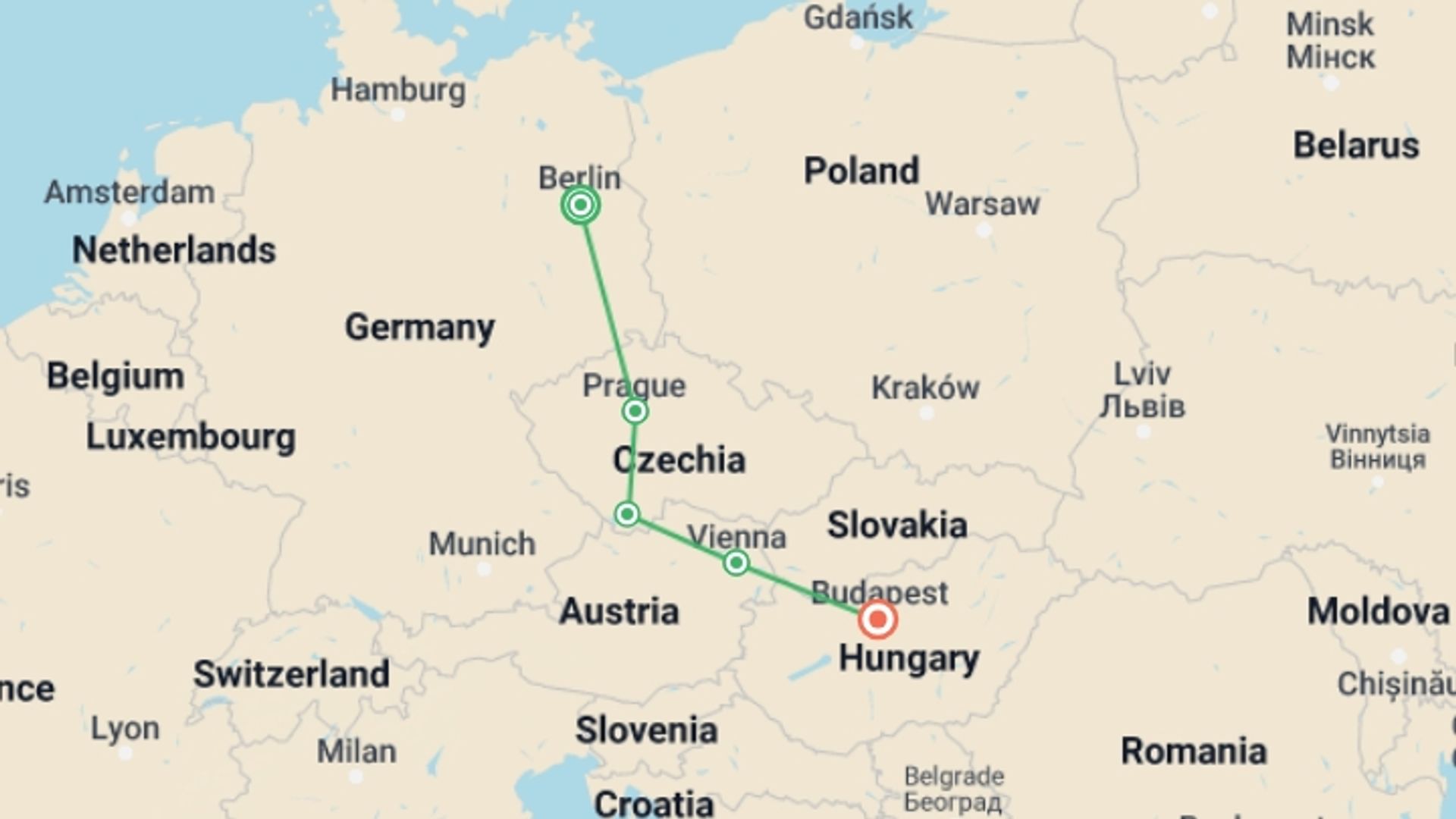 A map showing the tour itinerary for the trip: Journeys: Explore Central Europe, starting in Berlin, Germany and ending in Budapest, Hungary going through 3 other destinations.