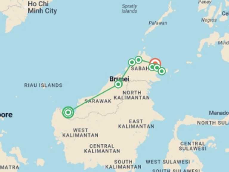 Map itinerary of Asia Tour in November 2026 with 11 destination visits for the trip: Borneo Sarawak and Sabah Discovery
