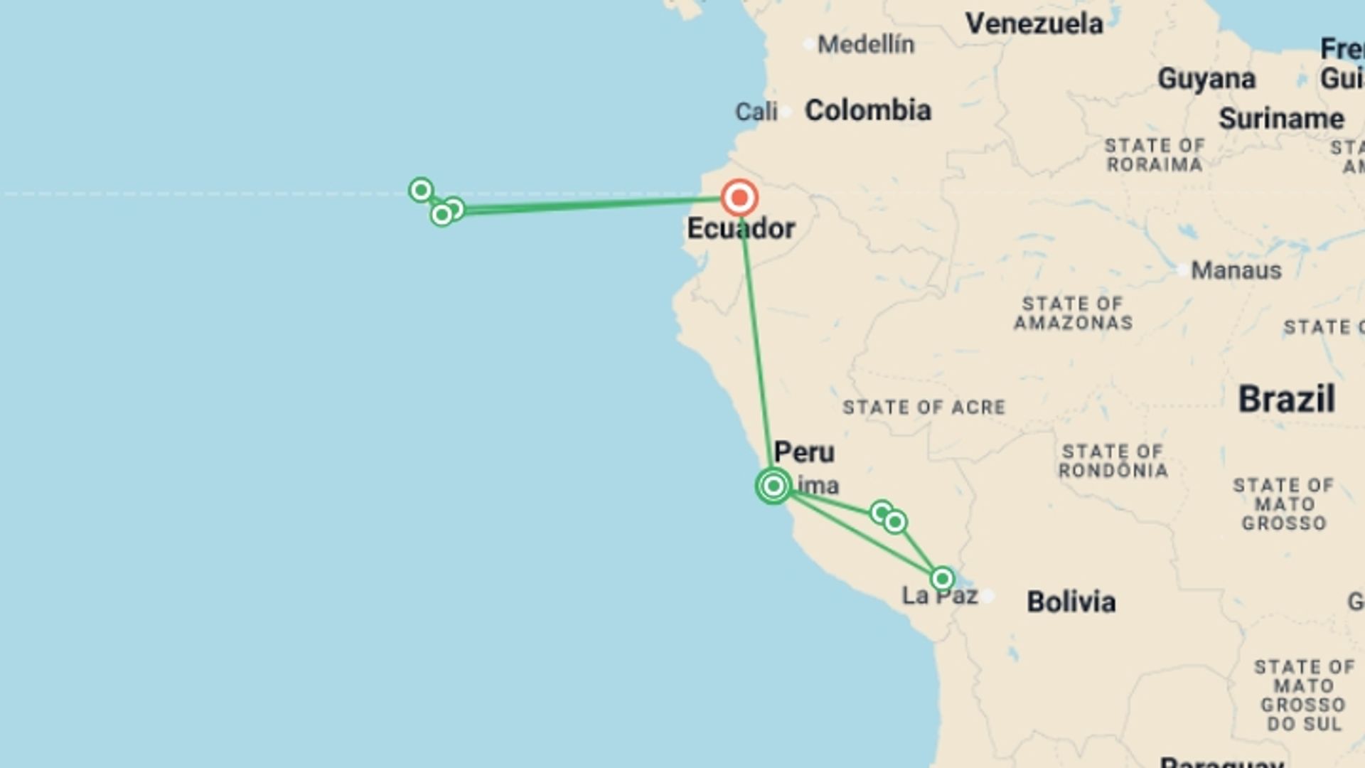 A map showing the tour itinerary for the trip: Best of Peru & Galapagos, starting in Lima, Peru and ending in Quito, Ecuador going through 7 other destinations.