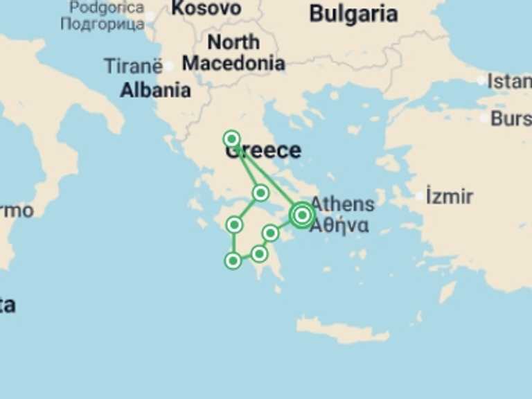Map itinerary of Mediterranean Tour in June 2027 with 7 destination visits for the trip: Highlights of Ancient Greece