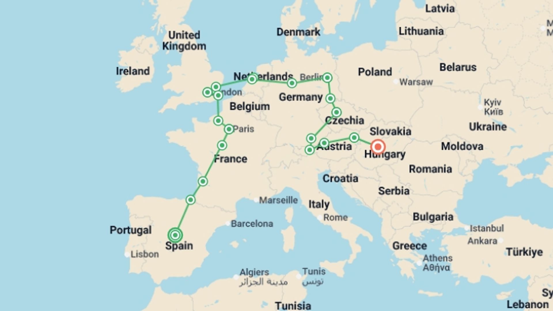 A map showing the tour itinerary for the trip: Great European Route, Ending in Budapest, starting in Madrid, Spain and ending in Budapest, Hungary going through 11 other destinations.
