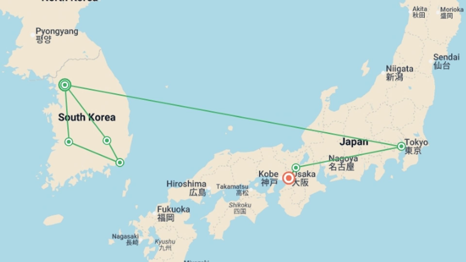 A map showing the tour itinerary for the trip: Complete Korea with Tokyo, Kyoto, and Osaka, starting in Seoul, South Korea and ending in Osaka, Japan going through 5 other destinations.