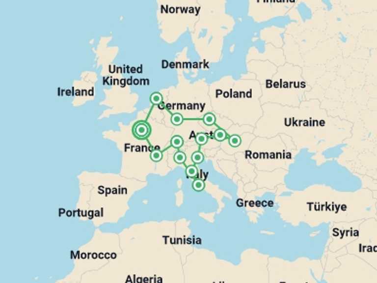 Map itinerary of France Tour in May 2026 with 13 destination visits for the trip: European Ring GO