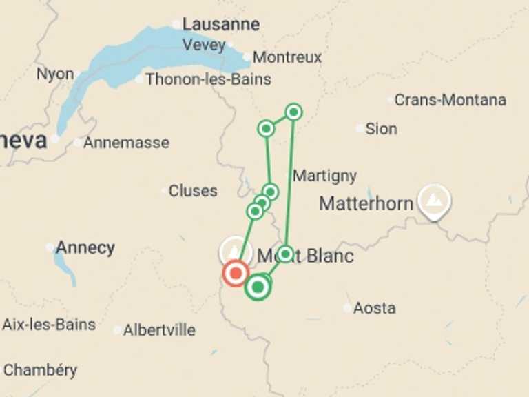 Map itinerary of Europe Tour in August 2026 with 11 destination visits for the trip: Mont Blanc Family Guided Hike From Italy