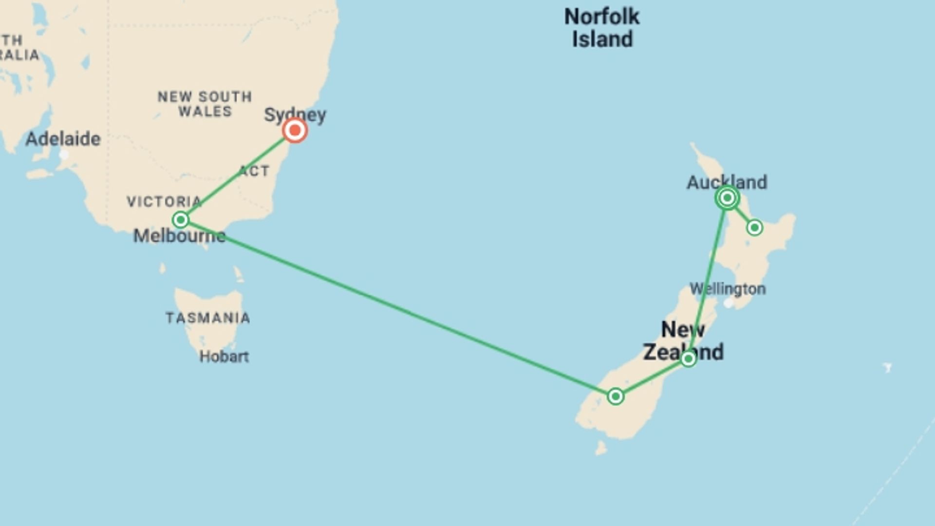 A map showing the tour itinerary for the trip: Wonders of New Zealand and Australia, starting in Auckland, New Zealand and ending in Sydney and NSW, Australia going through 5 other destinations.