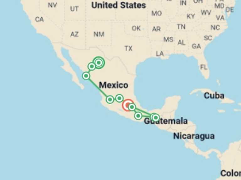Map itinerary of North America Tour in January 2026 with 10 destination visits for the trip: Discover Your Mexico