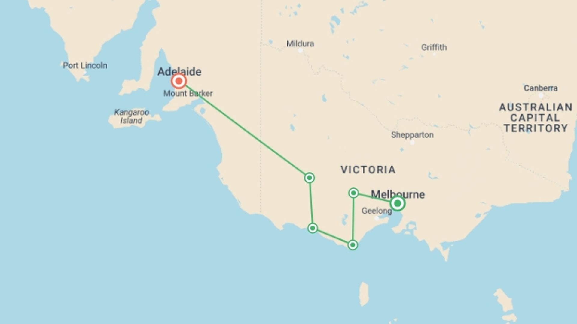 A map showing the tour itinerary for the trip: Great Ocean Road & Grampians Adventure, starting in Melbourne, Australia and ending in Adelaide, Australia going through 4 other destinations.
