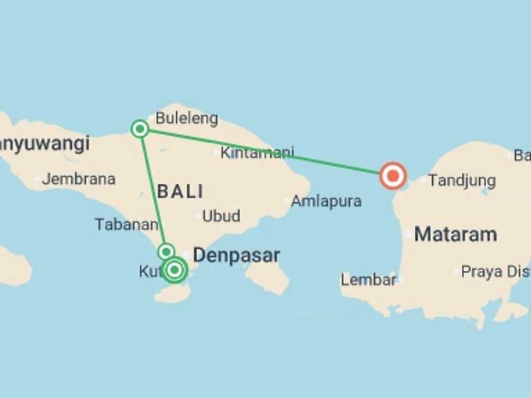 Map of a Snorkeling Tour with 4 destination visits for the trip: Bali Intro 9 day