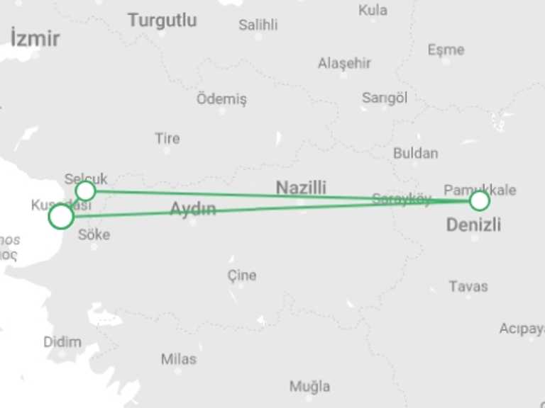 Map itinerary of Turkey Tour in December 2025 with 3 destination visits for the trip: Mini Stay Kusadasi - 3 days