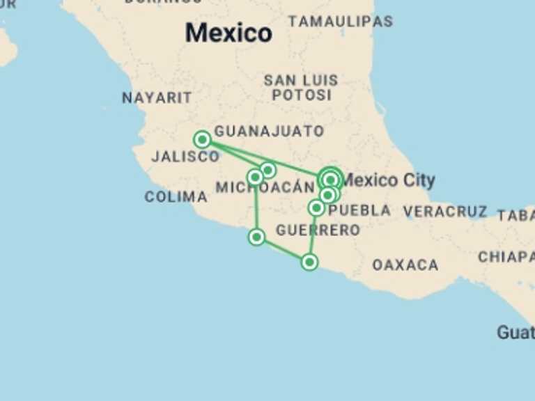 Map of North America Tour with 6 destination visits for the trip: Tapatío Mexico and Acapulco