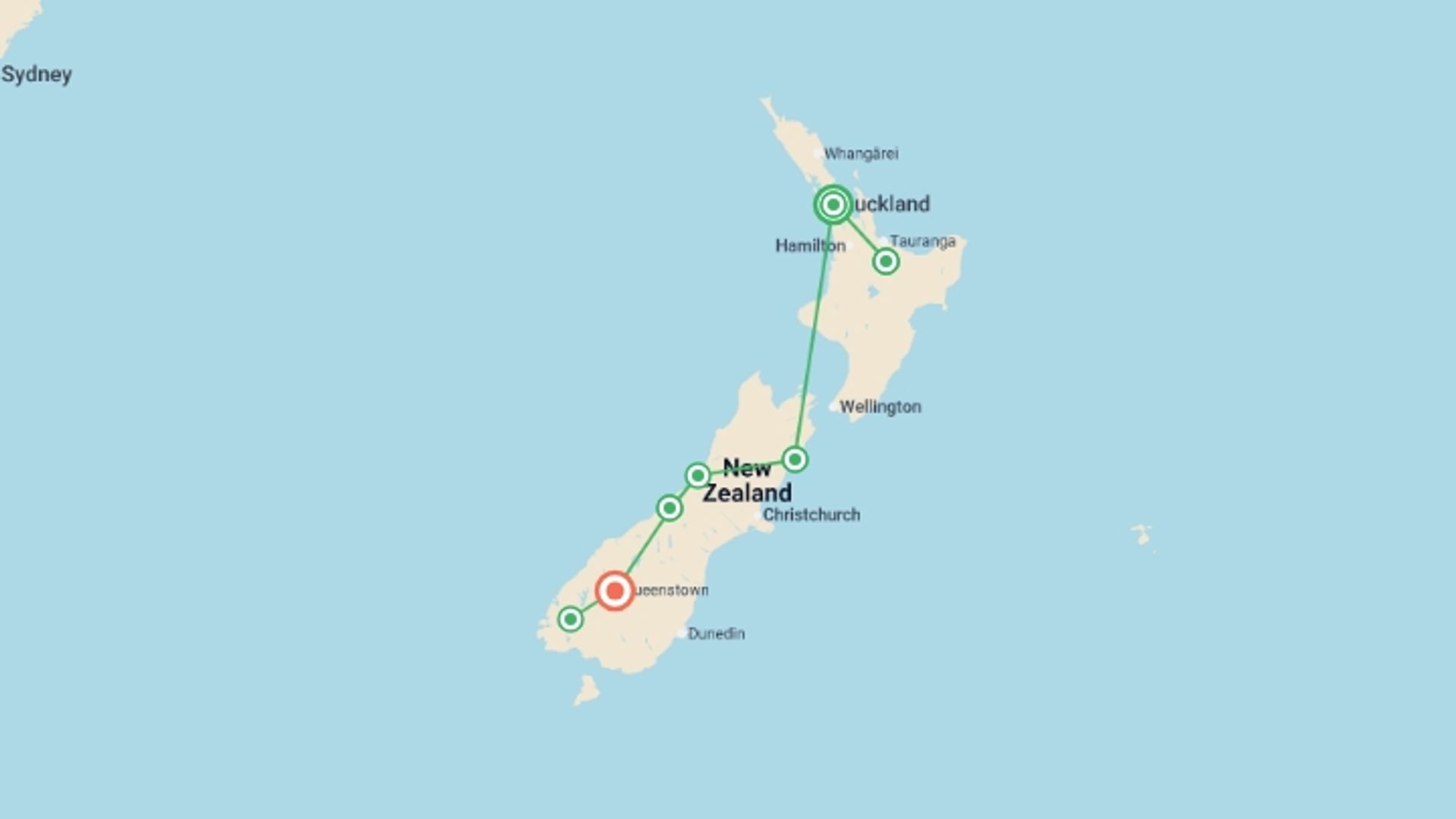 A map showing the tour itinerary for the trip: Solo-ish New Zealand, starting in Auckland, New Zealand and ending in Queenstown, New Zealand going through 5 other destinations.
