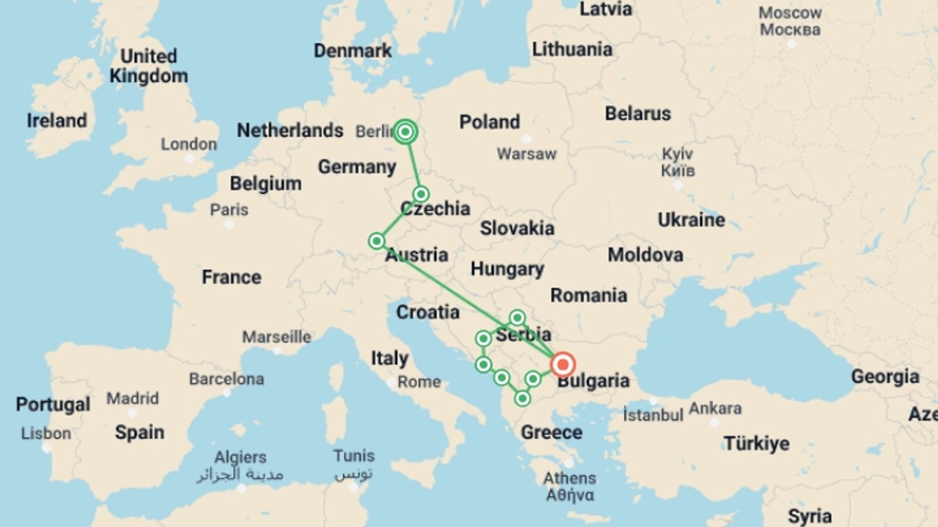 A map showing the tour itinerary for the trip: Splendours of Europe & Balkans (4 Star Hotels), starting in undefined, Germany and ending in Sofia, Bulgaria going through 7 other destinations.