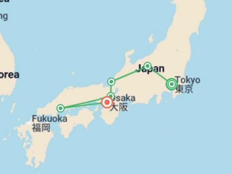 Map itinerary of Asia Tour in April 2027 with 6 destination visits for the trip: Solo-ish Japan