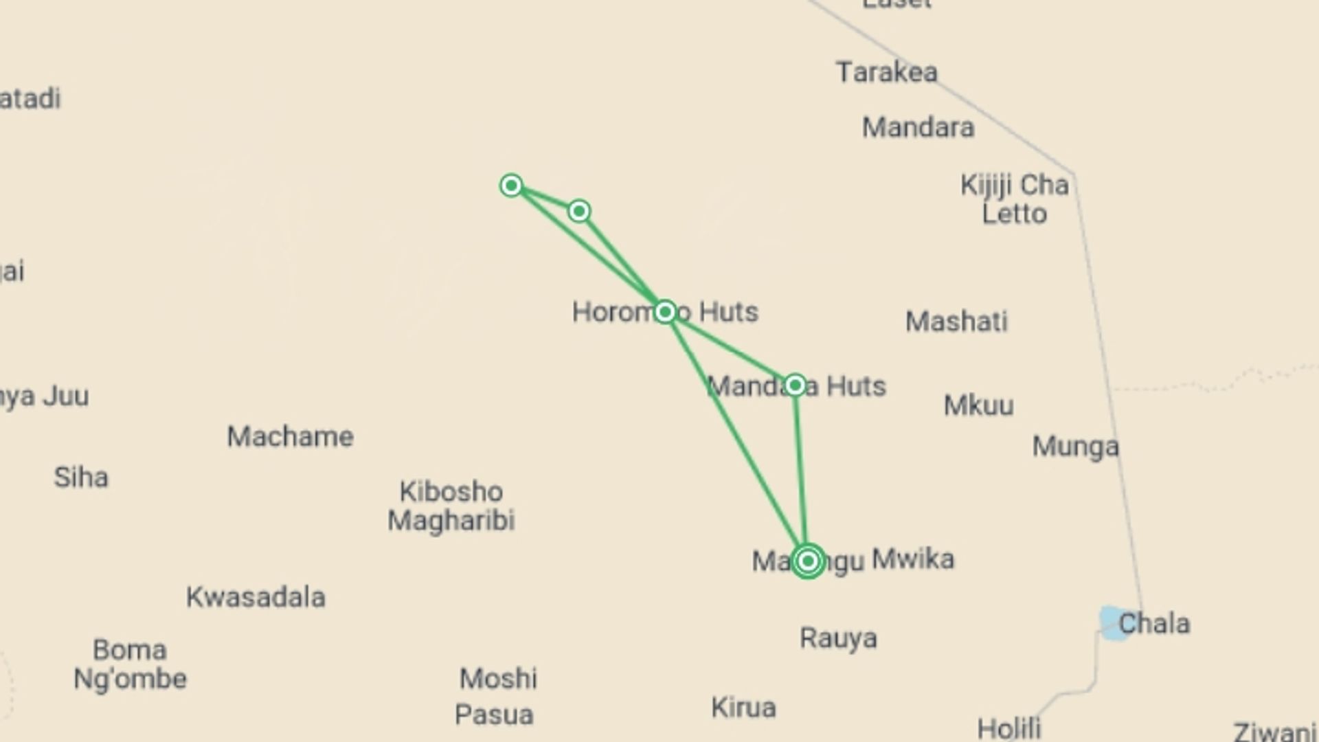 A map showing the tour itinerary for the trip: Kilimanjaro: Marangu Route, starting in Marangu, Tanzania and ending in Marangu, Tanzania going through 4 other destinations.