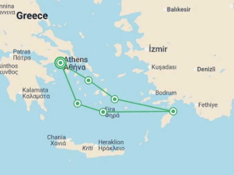 Map itinerary of Europe Tour in April 2027 with 6 destination visits for the trip: The Mysterious Cyclades and Dodecanese Islands in the Aegean Sea (port-to-port cruise)