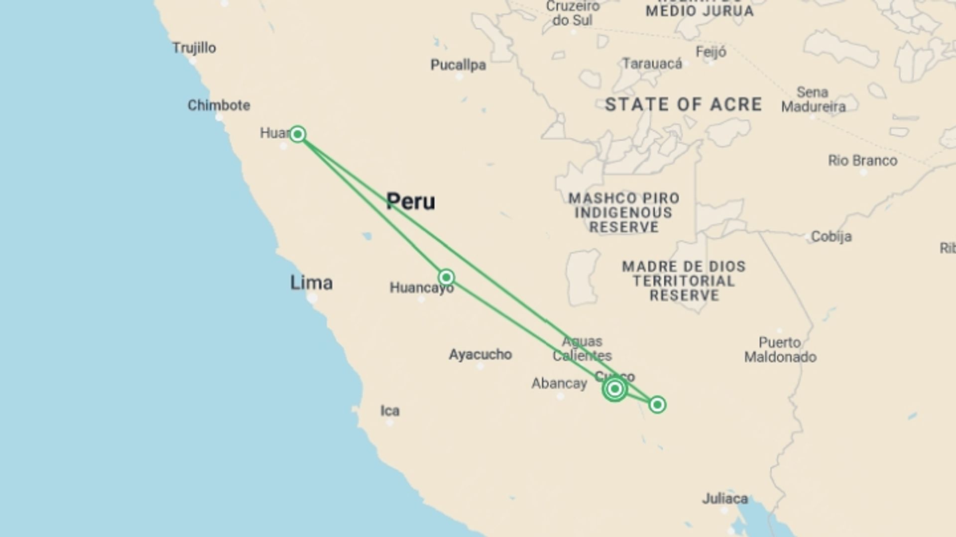 A map showing the tour itinerary for the trip: Ausangate Trek & Rainbow Mountain 4 Days, starting in Cusco, Peru and ending in Cusco, Peru going through 4 other destinations.