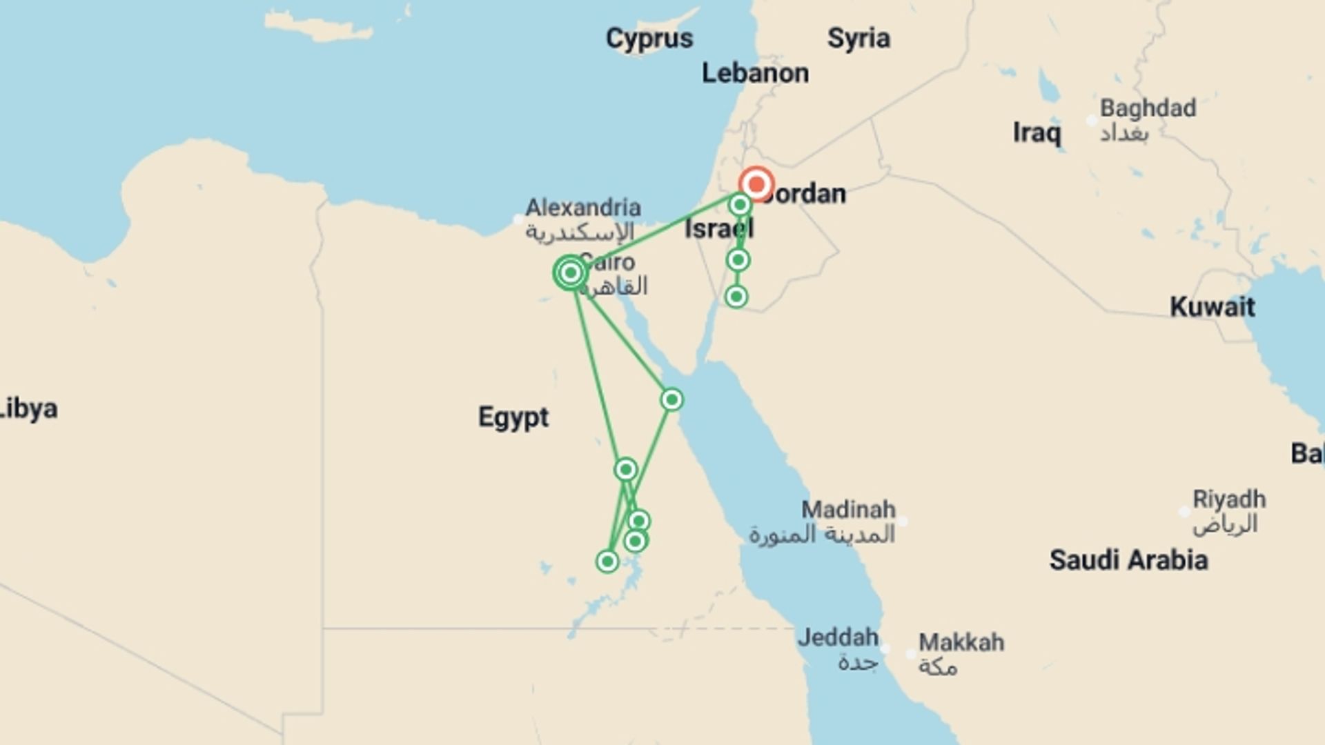 A map showing the tour itinerary for the trip: Road to Jordan with Cruise - 16 days, starting in Cairo, Egypt and ending in Amman, Jordan going through 9 other destinations.