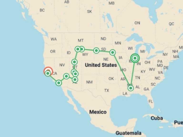 Map of Bryce Canyon National Park Tour with 12 destination visits for the trip: Chicago to Golden Gate