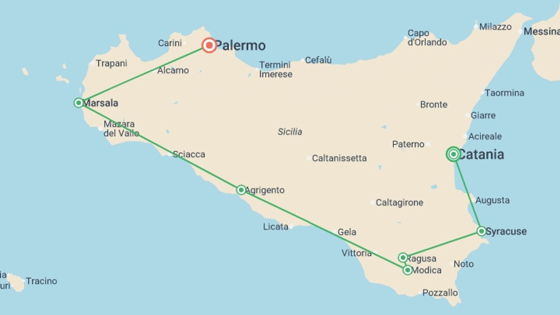 A map showing the tour itinerary for the trip: Catania to Palermo Express - 6 days, starting in Catania, Italy and ending in Palermo, Italy going through 2 other destinations.