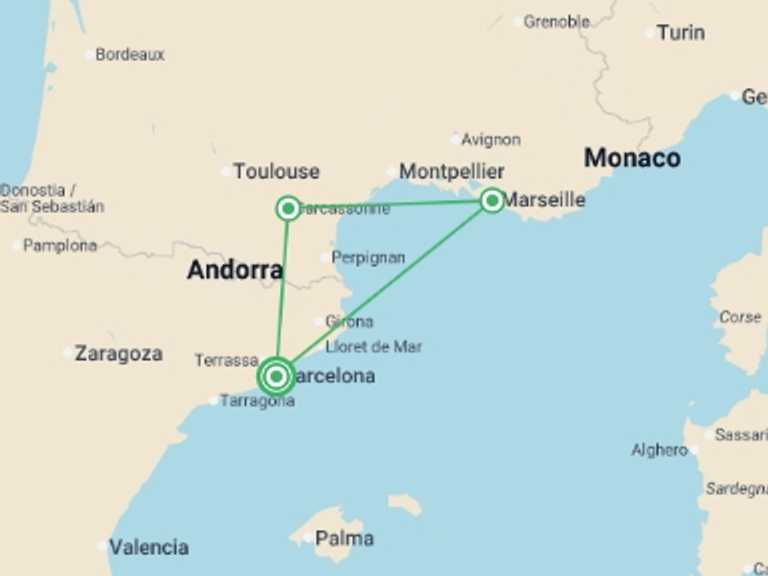 Map itinerary of Spain Tour in March 2027 with 3 destination visits for the trip: Catalonia, south of France and Provence