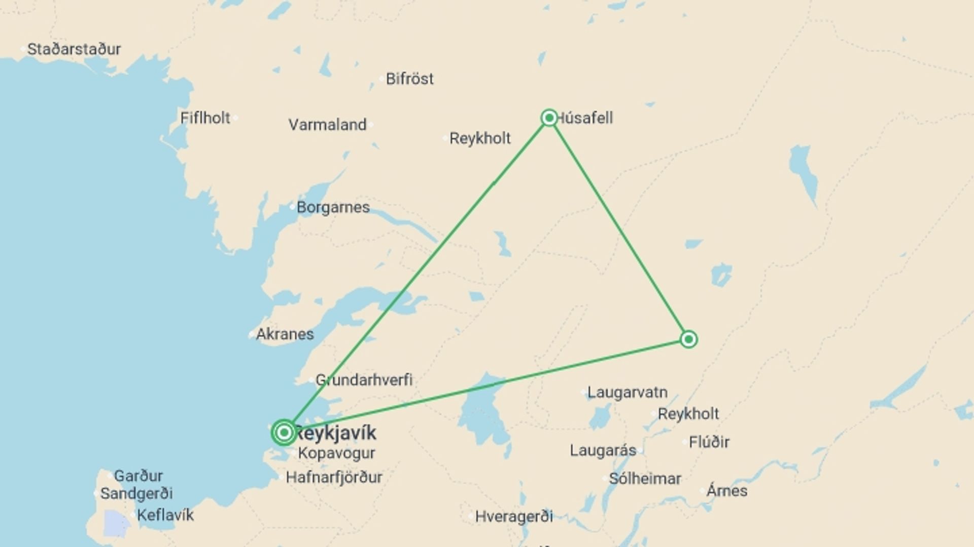 A map showing the tour itinerary for the trip: Incredible South and West Iceland, starting in Reykjavik, Iceland and ending in Reykjavik, Iceland going through 2 other destinations.