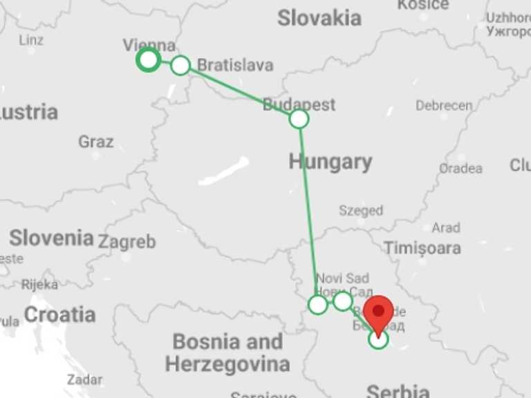 Map itinerary of Vienna Tour in October 2026 with 2 destination visits for the trip: Vienna & Capital Cities of the Danube (2026)