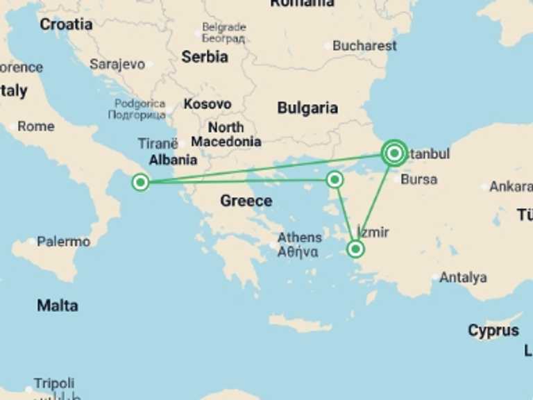 Map itinerary of Mediterranean Tour in October 2026 with 3 destination visits for the trip: Western Turkey Explorer