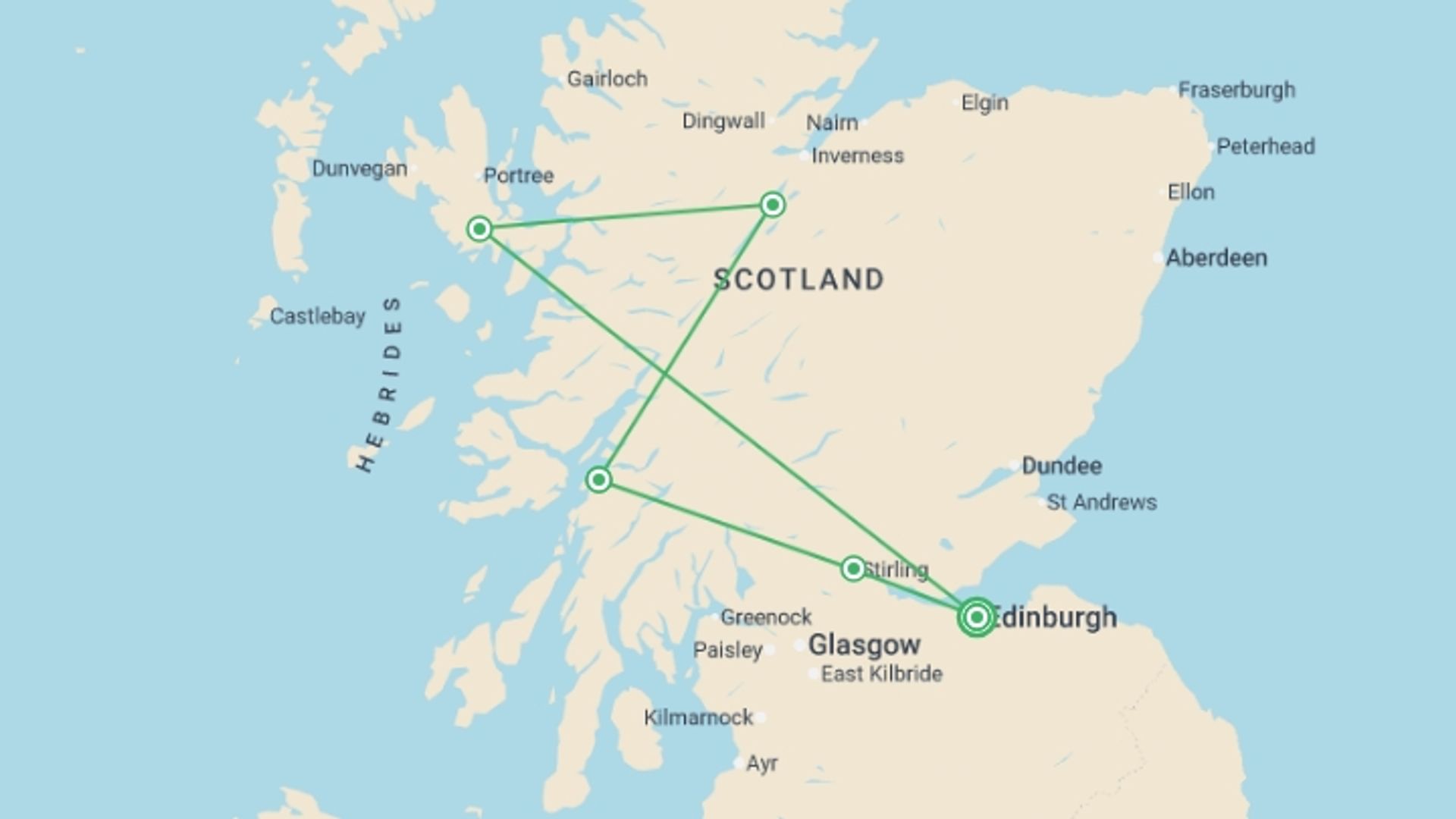 A map showing the tour itinerary for the trip: Scotland at Leisure, starting in Edinburgh, Scotland and ending in Edinburgh, Scotland going through 3 other destinations.
