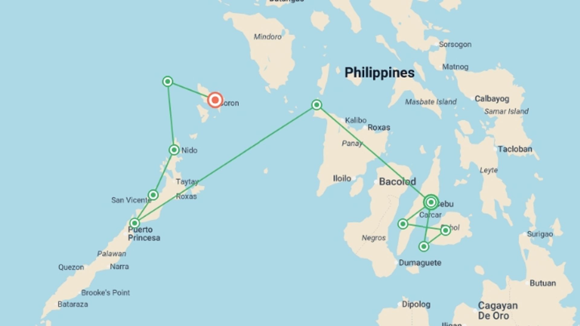 A map showing the tour itinerary for the trip: Ultimate Philippines Island Hopping, starting in Cebu, Philippines and ending in Coron, Philippines going through 9 other destinations.