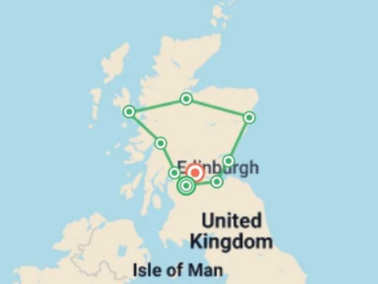 Map of Glasgow Explorer Tour with 9 destination visits for the trip: Grand Tour of Scotland – 14-Day Journey through Hi