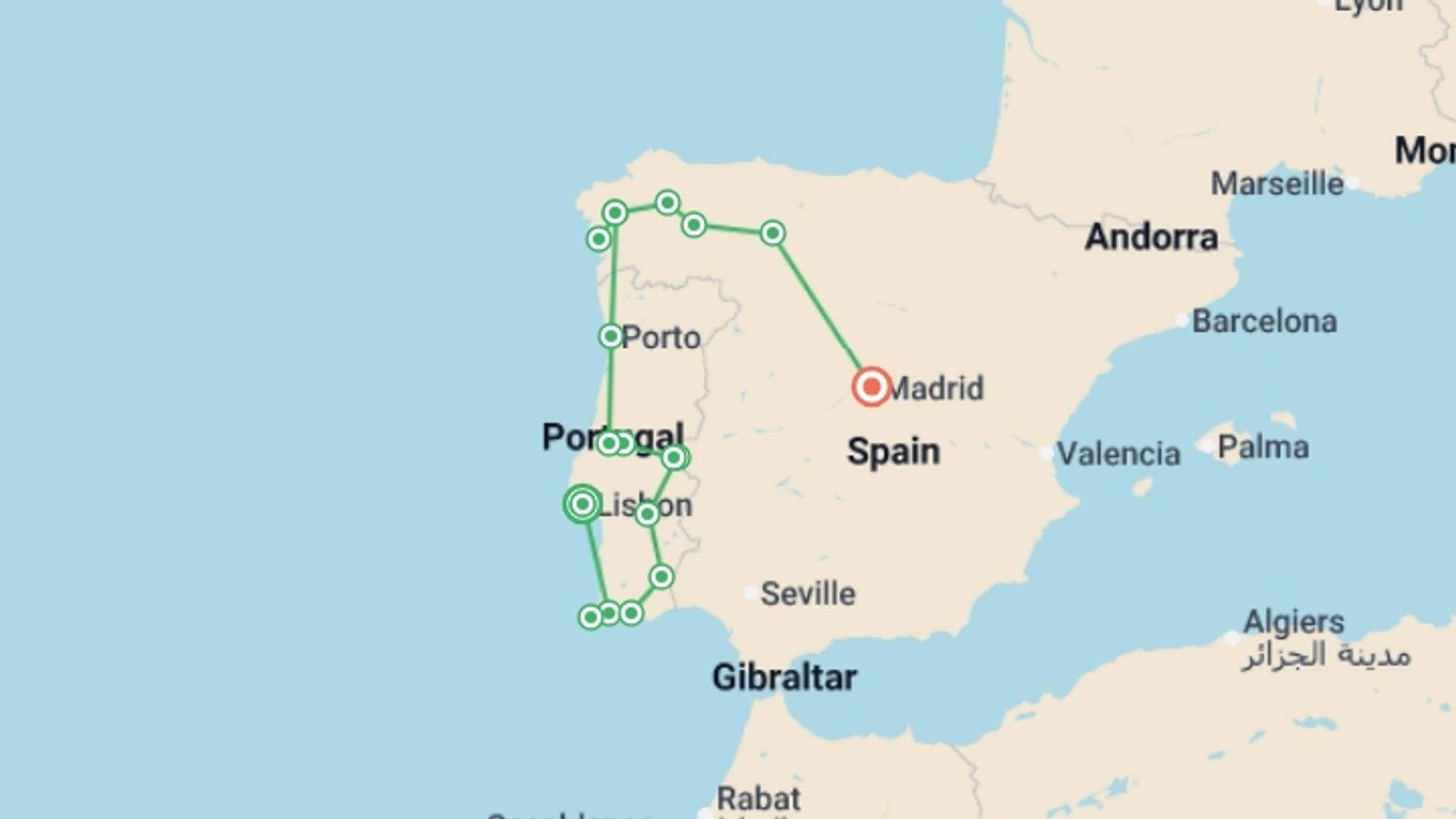 A map showing the tour itinerary for the trip: All of Portugal and Galicia, starting in Lisbon, Portugal and ending in Madrid, Spain going through 5 other destinations.