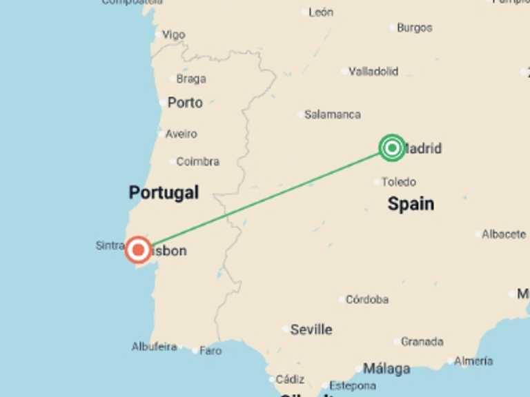Map of Mediterranean Tour with 2 destination visits for the trip: Madrid and Lisbon