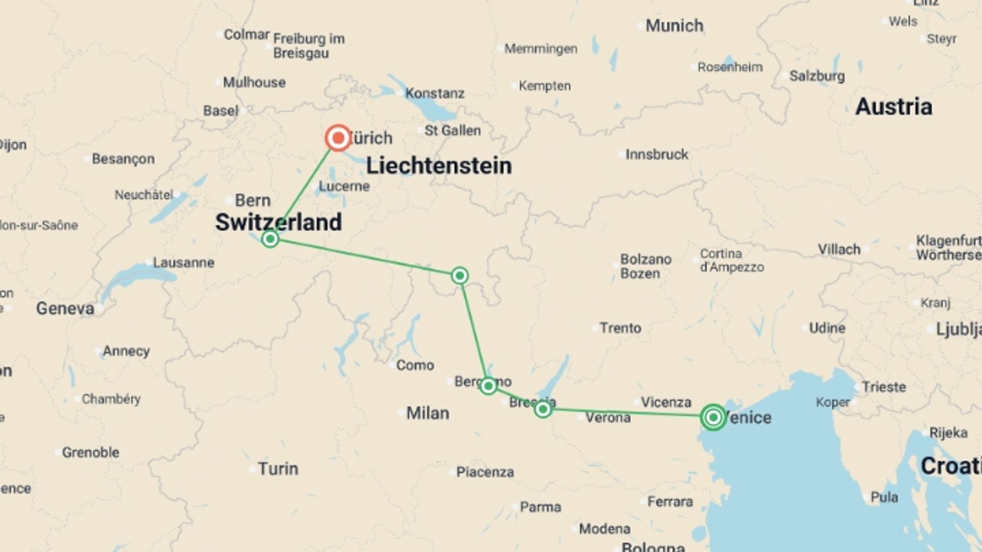 A map showing the tour itinerary for the trip: Vistas of Italy and Switzerland, starting in Venice, Italy and ending in Zurich, Switzerland going through 4 other destinations.