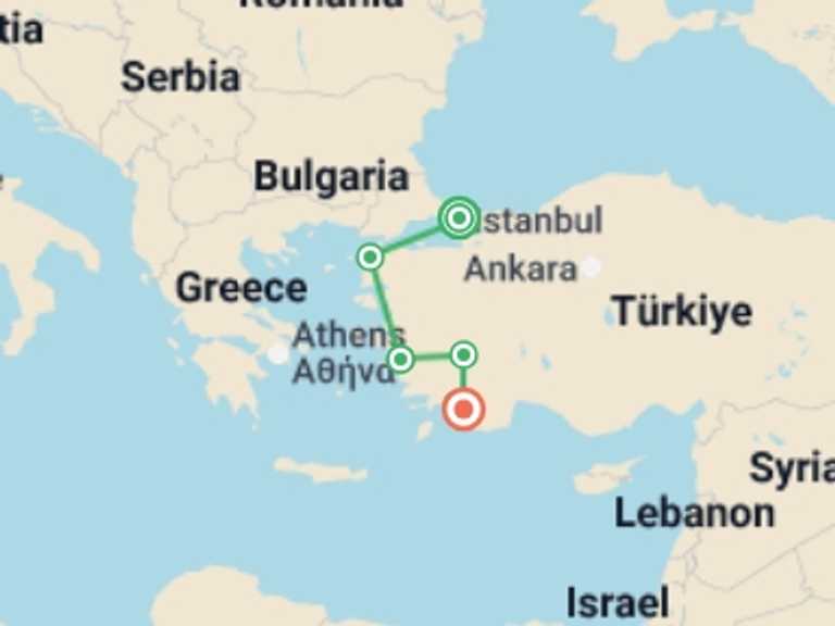 Map itinerary of Europe Tour in May 2026 with 6 destination visits for the trip: Turkey Prelude and Gulet