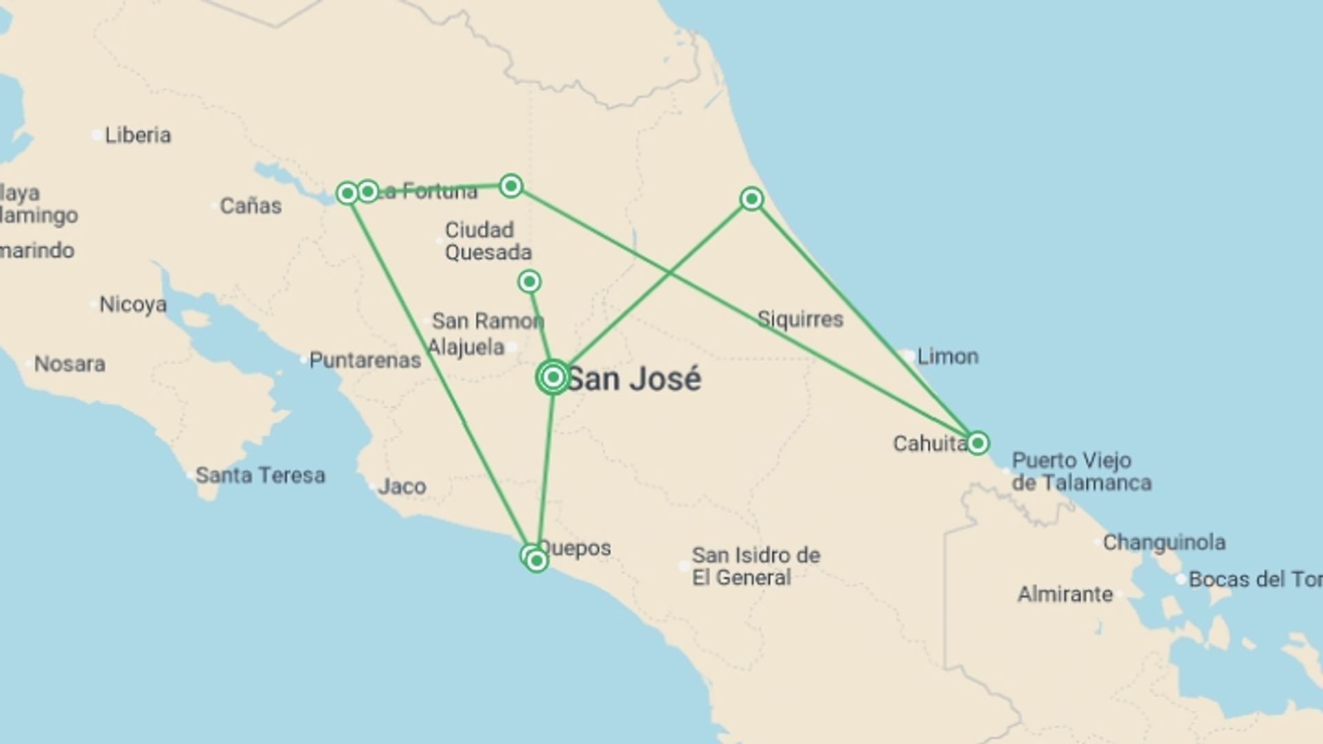A map showing the tour itinerary for the trip: Costa Rica Adventure Family Holiday, starting in San Jose, Costa Rica and ending in San Jose, Costa Rica going through 9 other destinations.