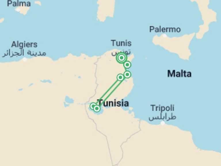 Map of a Beach Tour with 4 destination visits for the trip: The Best Of Tunisia & All-inclusive Beach Extension (stay Connected), Small Group Tour