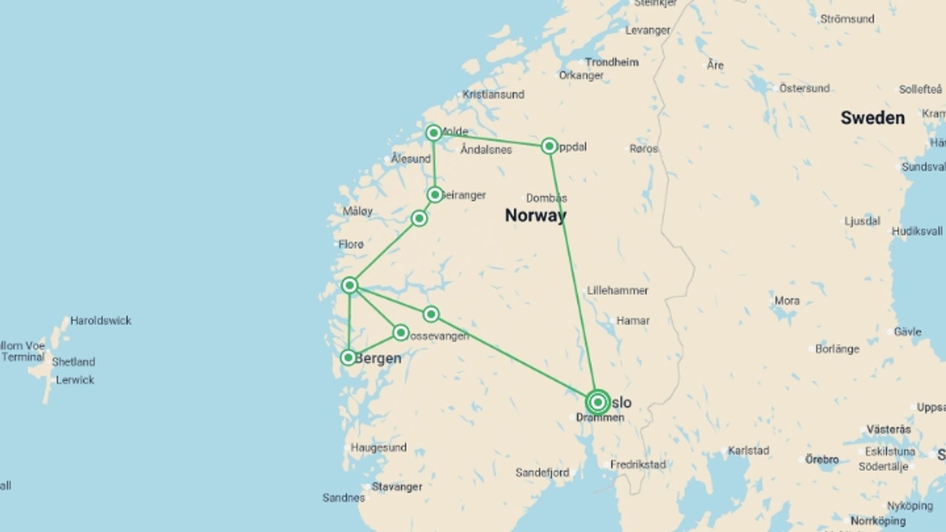A map showing the tour itinerary for the trip: Norwegian Fjords Charms And Traditions, starting in Oslo, Norway and ending in Oslo, Norway going through 5 other destinations.