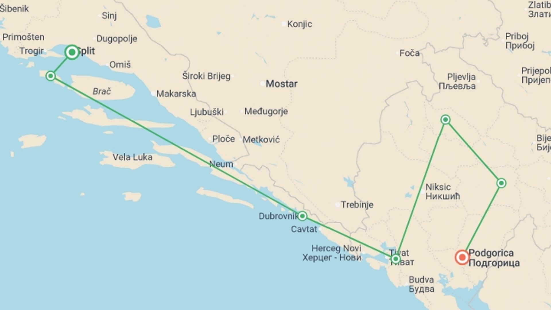 A map showing the tour itinerary for the trip: Adriatic Adventure: Sail Croatia & Montenegro Discovery, starting in Split, Croatia and ending in Podgorica, Montenegro going through 5 other destinations.