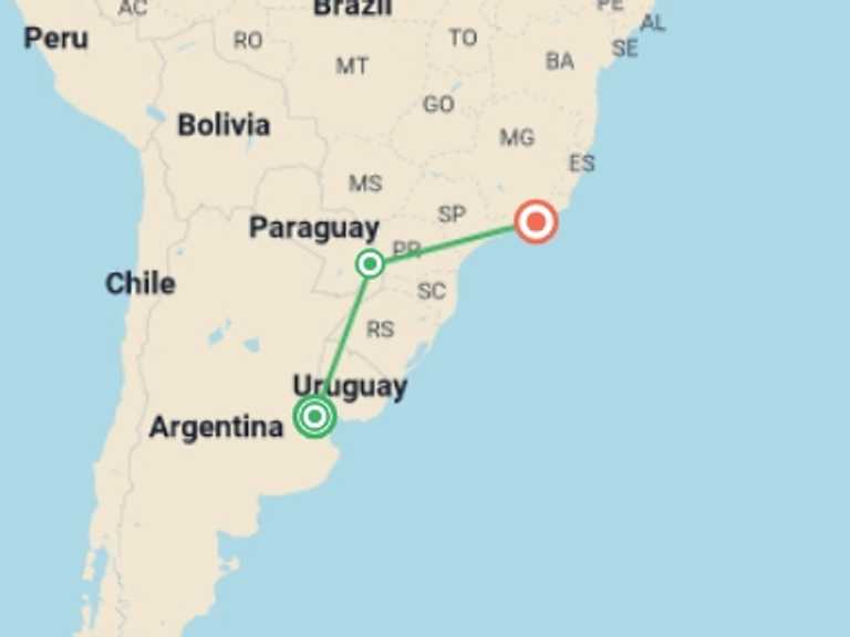Map itinerary of South America Tour in November 2025 with 3 destination visits for the trip: Premium Argentina & Brazil